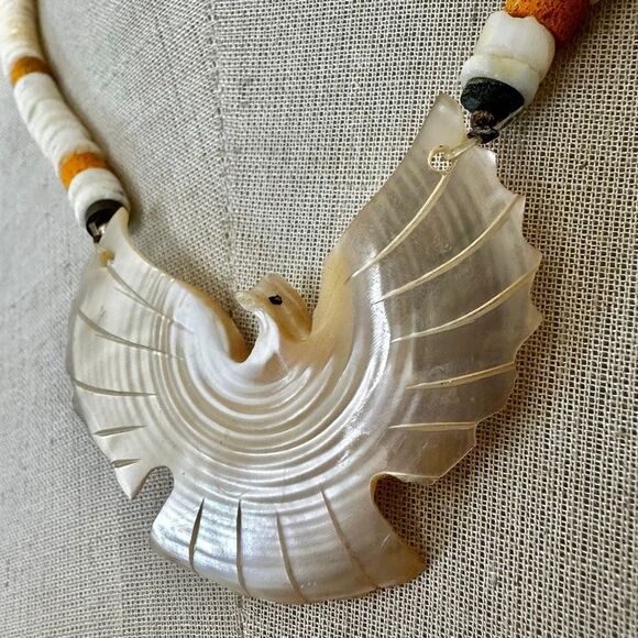 Vintage Carved Mother of Pearl Thunderbird Necklace Heishi Beads - Picture 3 of 13